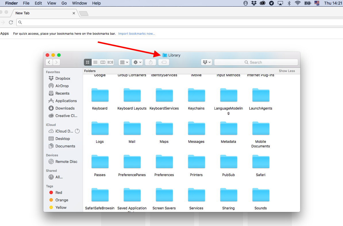 Opened Library folder in Finder on a Mac Opened Library folder in Finder on a Mac