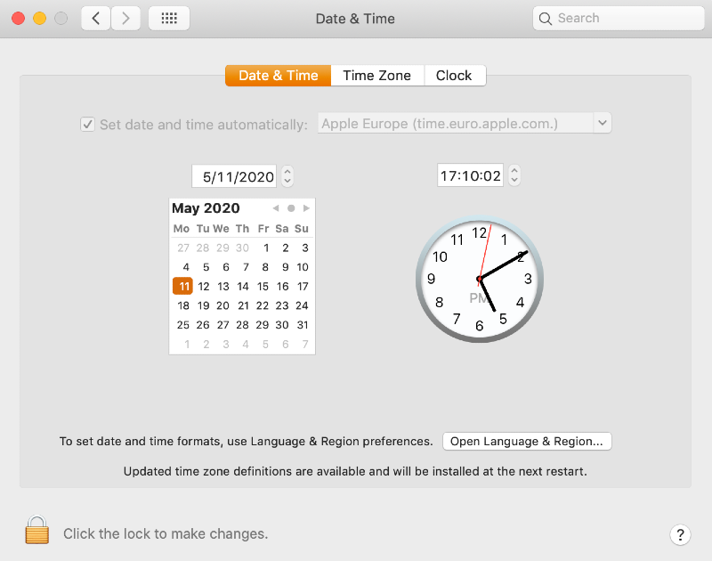 a system preferences window open in the date and time section showing the current time and date available for change a system preferences window open in the date and time section showing the current time and date available for change