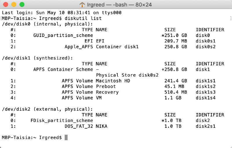 terminal window displaying a list of disks with /dev/desk2 (external, physical) at the bottom of the list” terminal window displaying a list of disks with /dev/desk2 (external, physical) at the bottom of the list”