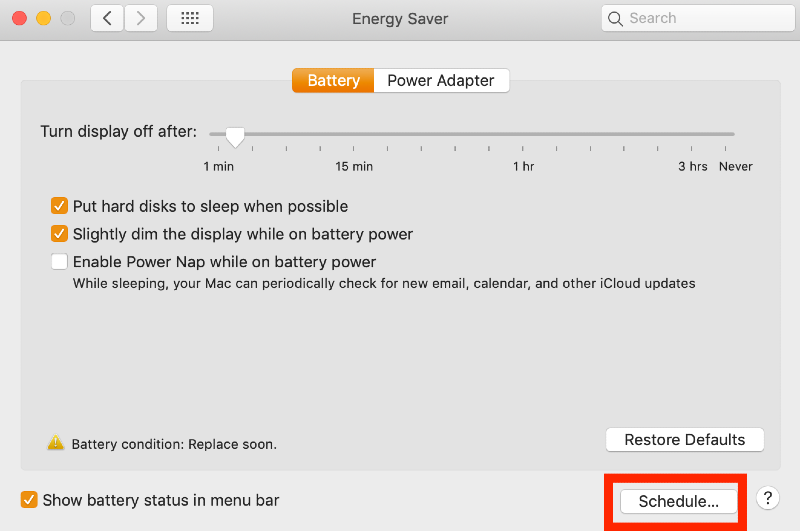 Energy saver window with Schedule button highlighted Energy saver window with Schedule button highlighted