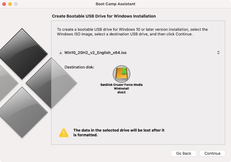 Boot Camp Assistant disk selection screen Boot Camp Assistant disk selection screen