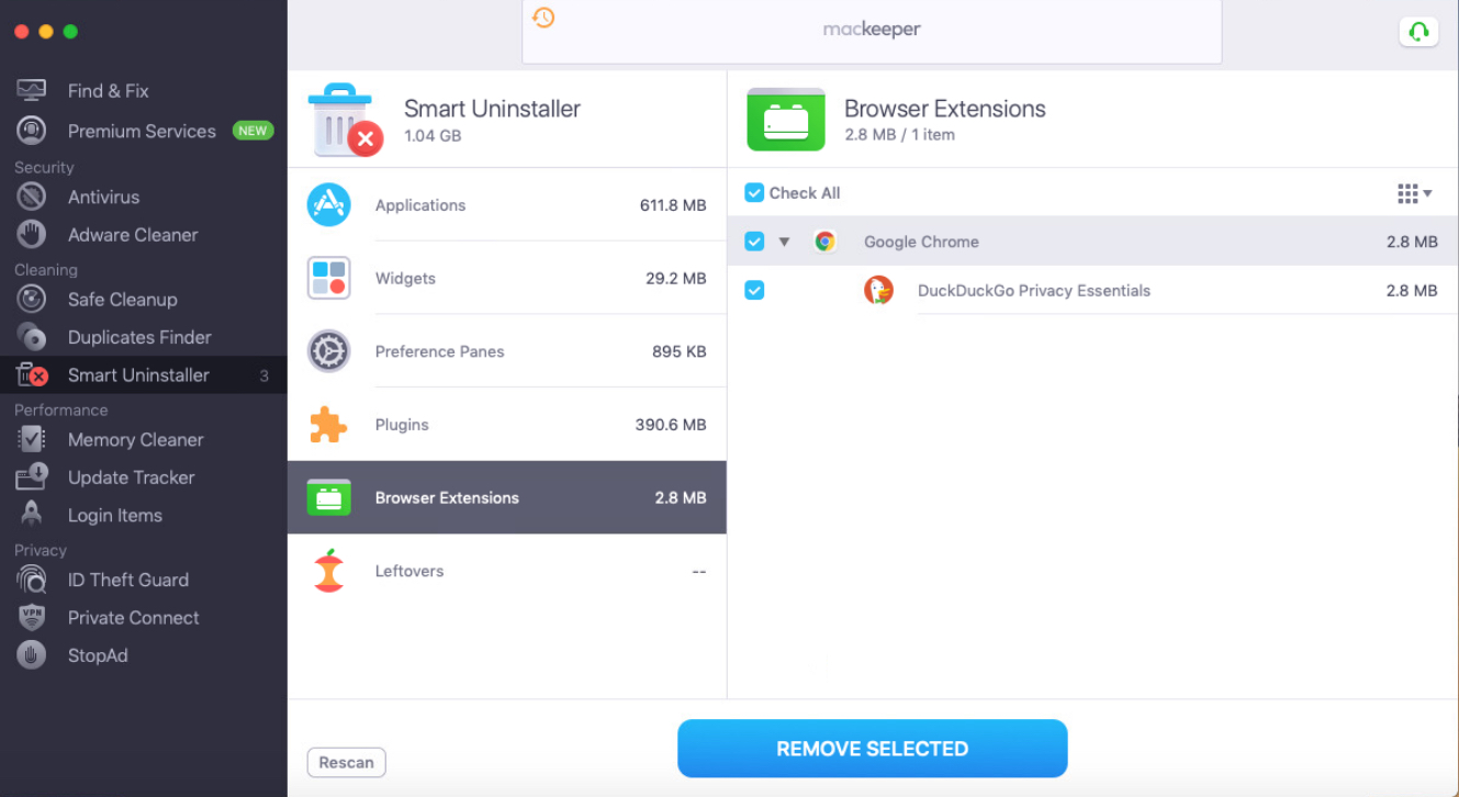 smart uninstaller browsers extensions tab with extension selected smart uninstaller browsers extensions tab with extension selected