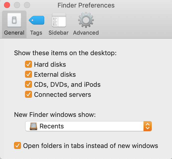 preferences window in finder displaying items that can be shown on the desktop: hard disks, external disks, CDs, DVDs, and iPods, Connected servers preferences window in finder displaying items that can be shown on the desktop: hard disks, external disks, CDs, DVDs, and iPods, Connected servers