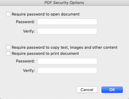 password options in security options in print PDF menu password options in security options in print PDF menu