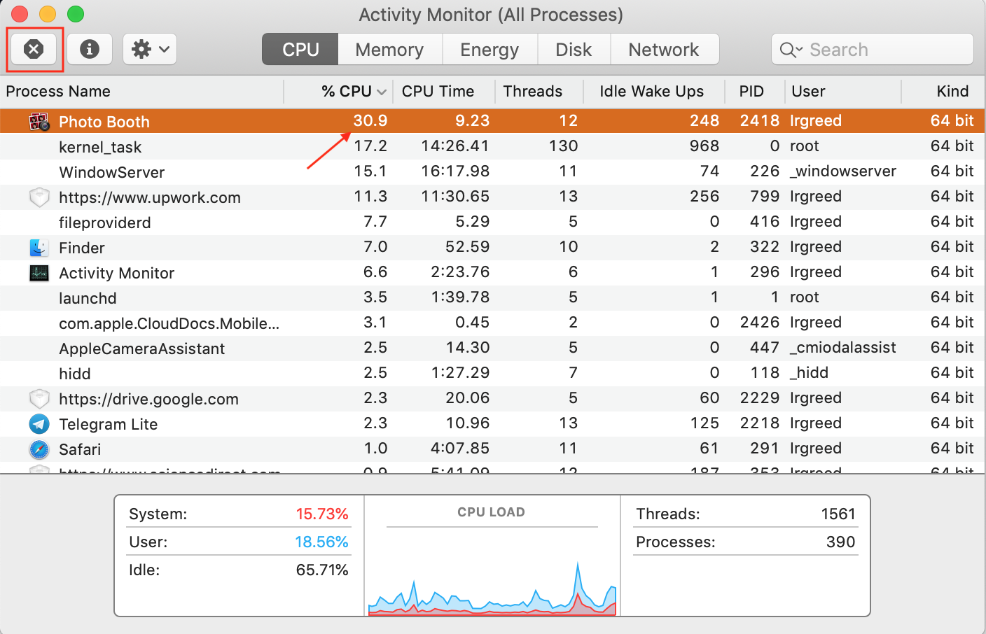 photo booth app showing high CPU in activity monitor recommended to quit photo booth app showing high CPU in activity monitor recommended to quit