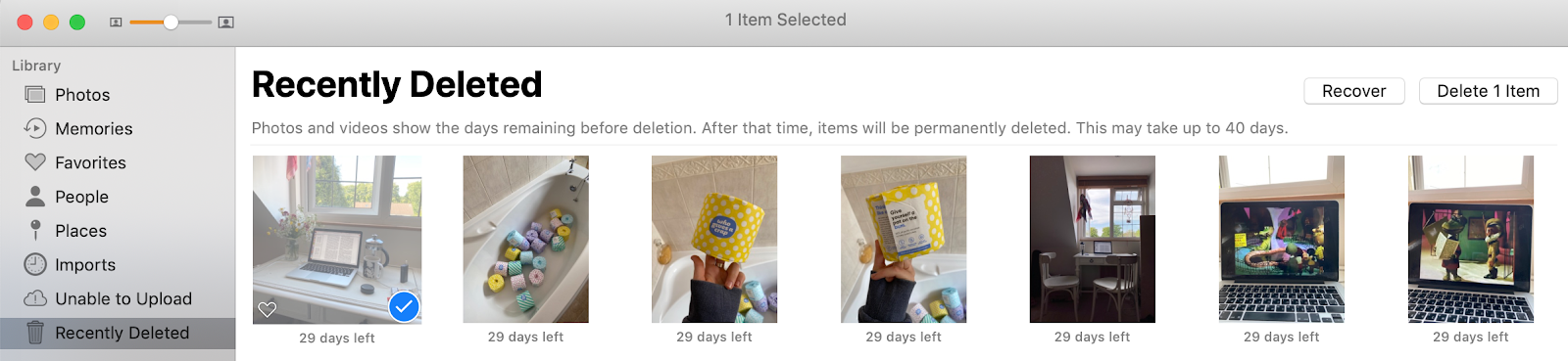 a window of the photos app open in the recently deleted section with one of the pictures selected and the option to recover it in the upper right corner a window of the photos app open in the recently deleted section with one of the pictures selected and the option to recover it in the upper right corner