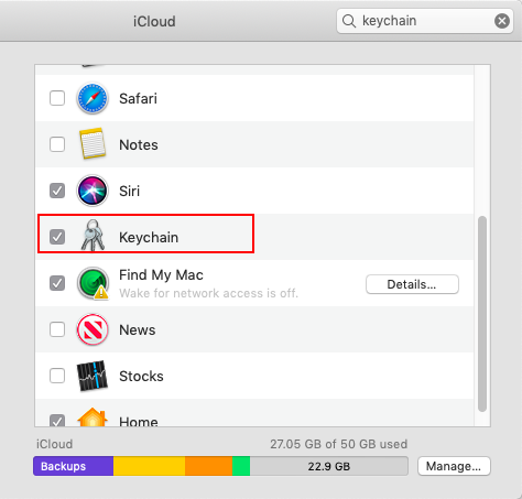 icloud apps list with keychain option highlighted icloud apps list with keychain option highlighted