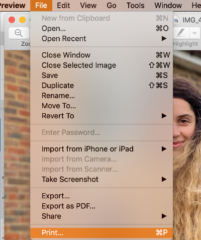 file menu in Preview app with print button in the drop-down menu file menu in Preview app with print button in the drop-down menu