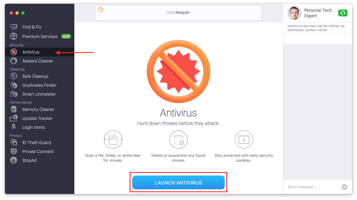mackeeper antivirus tab with launch antivirus button highlighted mackeeper antivirus tab with launch antivirus button highlighted