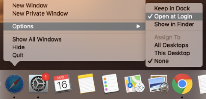 dock with safari menu options with open at login highlighted ticked dock with safari menu options with open at login highlighted ticked
