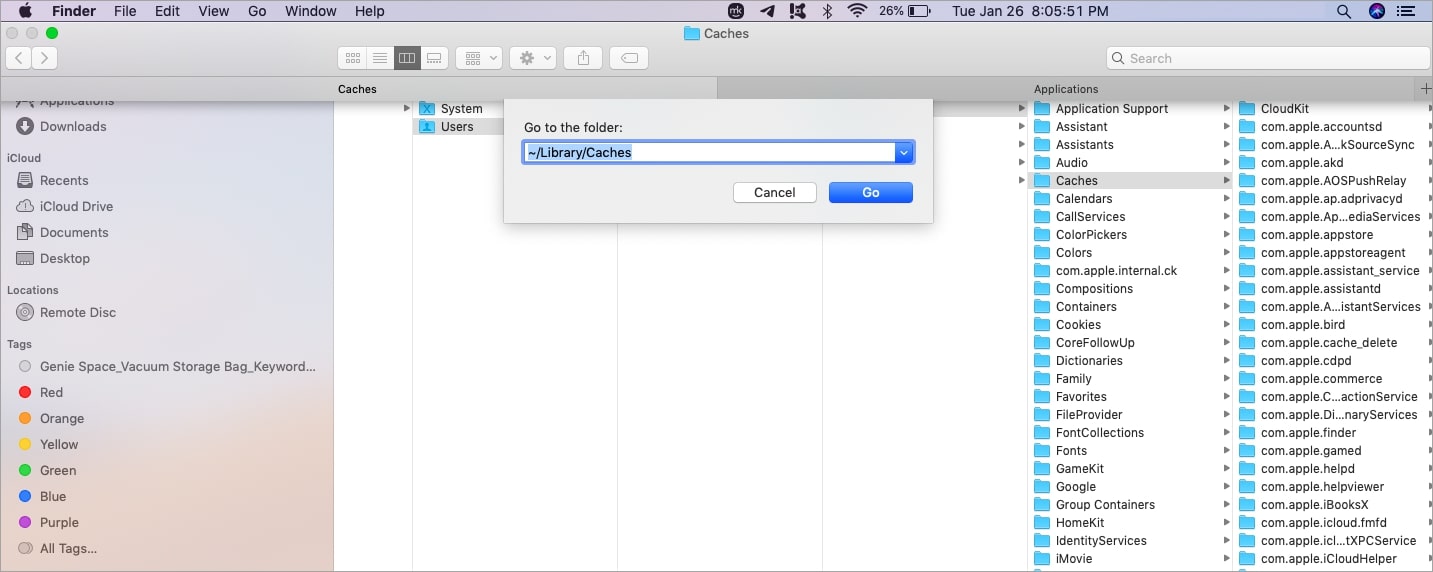 go menu /Library/Caches go menu /Library/Caches