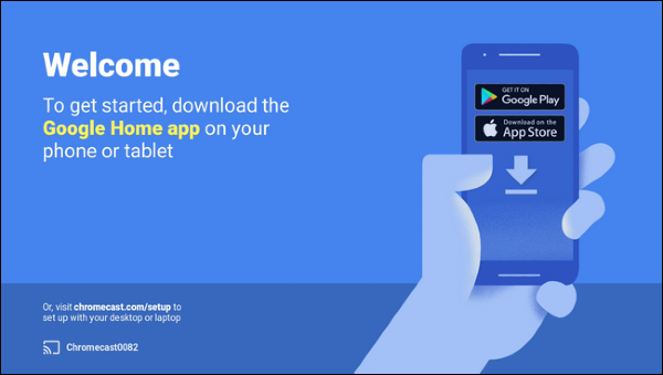 Chromecast welcome screen displayed on a TV screen Chromecast welcome screen displayed on a TV screen