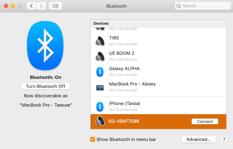 a bluetooth preferences window with the bluetooth on displaying a range of devices with one device available for connection a bluetooth preferences window with the bluetooth on displaying a range of devices with one device available for connection