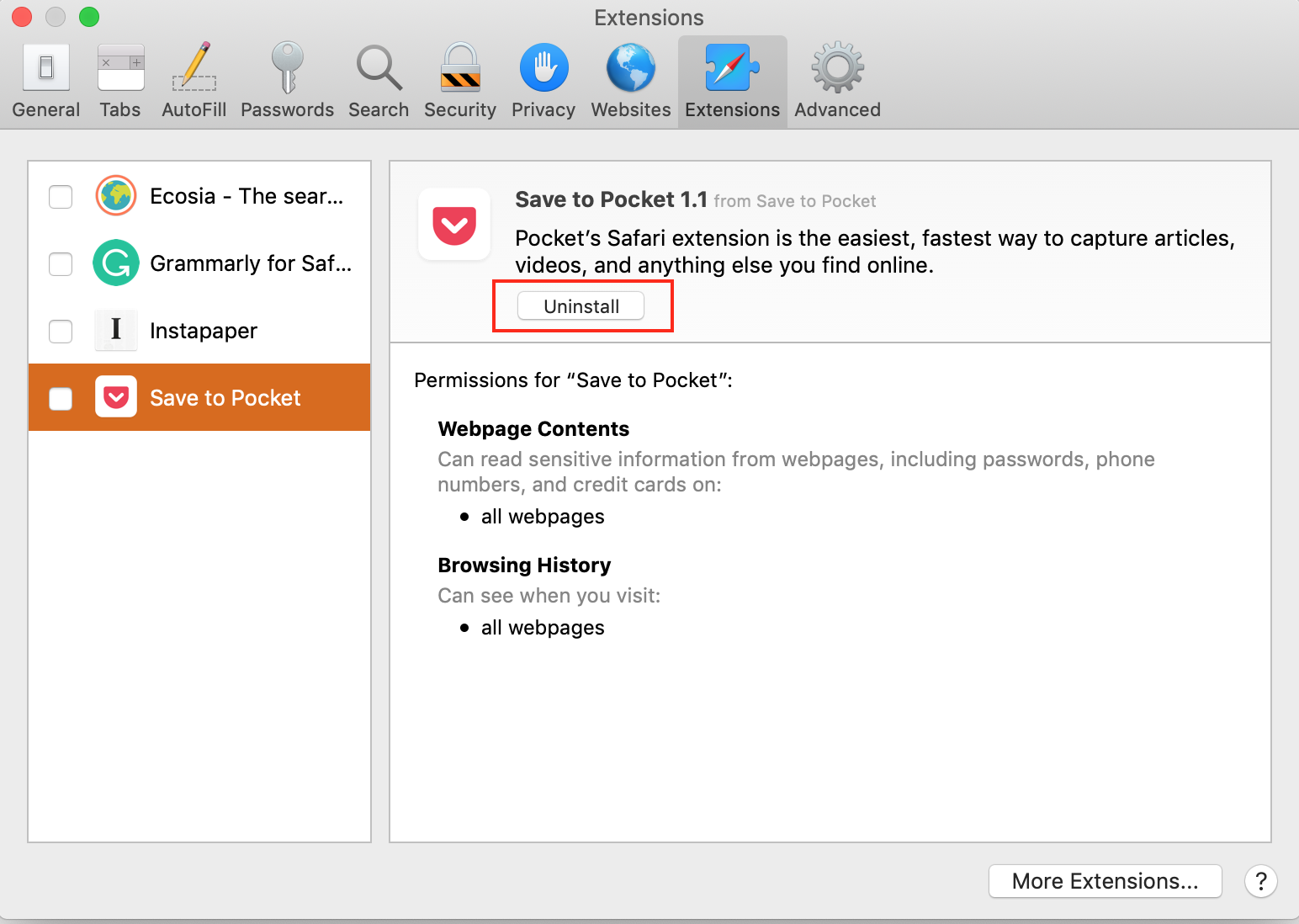 uninstall button in safari extensions list uninstall button in safari extensions list