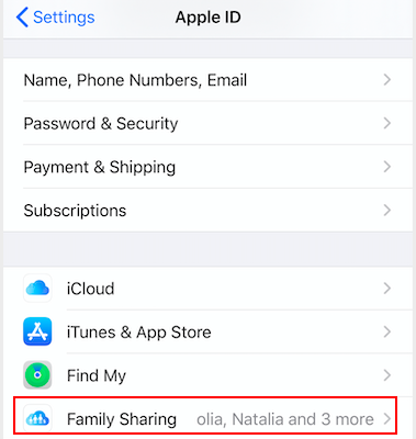 apple id menu with family sharing option highlighted apple id menu with family sharing option highlighted
