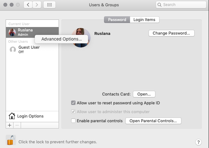 user & groups with advanced options menu user & groups with advanced options menu