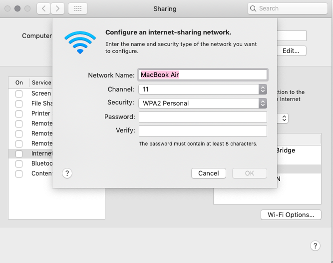 setting up network password when sharing internet on a mac used as a hotspot setting up network password when sharing internet on a mac used as a hotspot