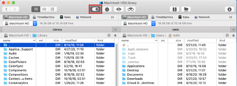 Commander one window with a switcher to show hidden files highlighted Commander one window with a switcher to show hidden files highlighted