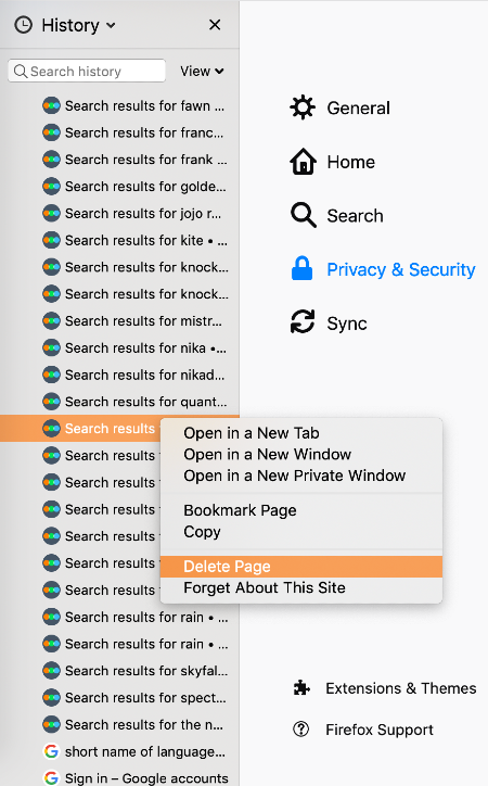 delete page button in the sidebar history list delete page button in the sidebar history list