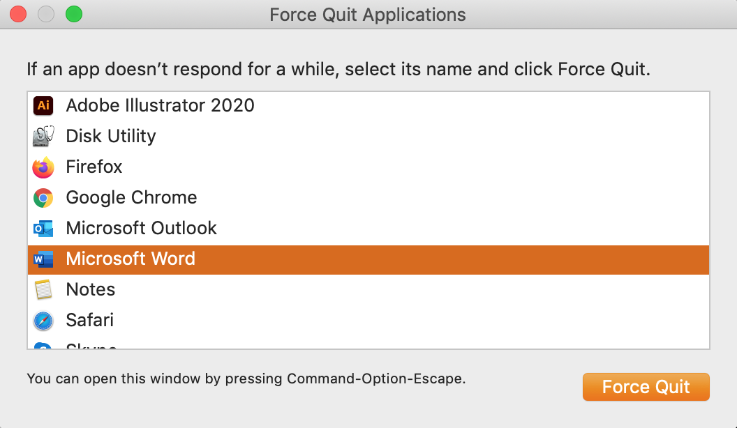 use force quit menu to quit word use force quit menu to quit word