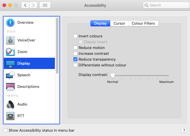accessibility menu display tab with reduce transparency ticked accessibility menu display tab with reduce transparency ticked