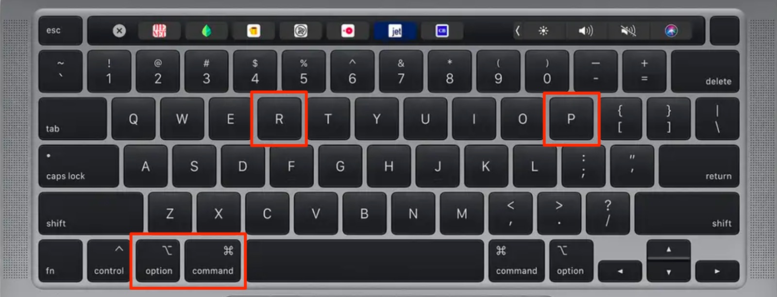 Option + Command (⌘) + P + R highlihted on the keyboard Option + Command (⌘) + P + R highlihted on the keyboard
