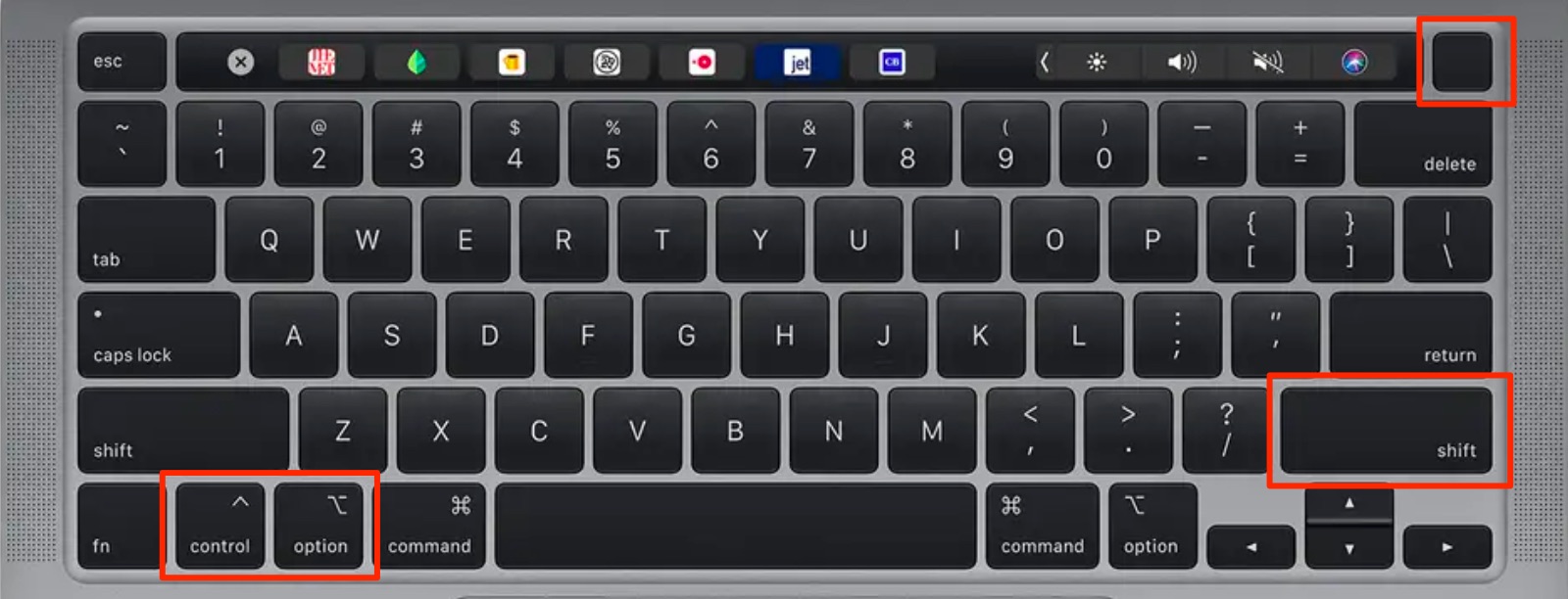 Power + Control + Options + Shift highlighted on the keyboard Power + Control + Options + Shift highlighted on the keyboard