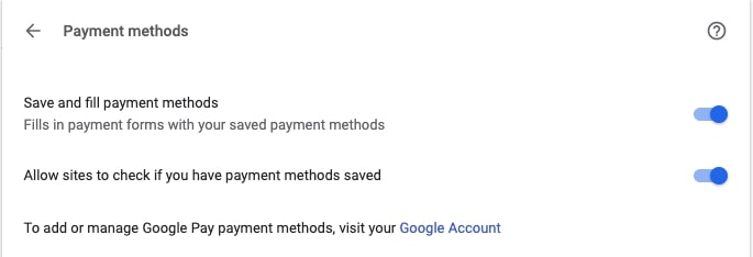 the Payment methods section in chrome settings the Payment methods section in chrome settings