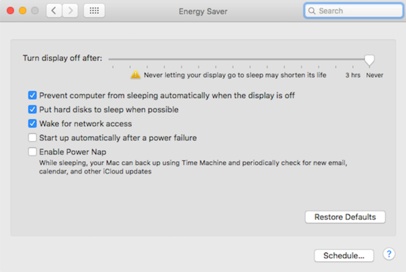 Energy Saver window on a Mac with sleep options Energy Saver window on a Mac with sleep options