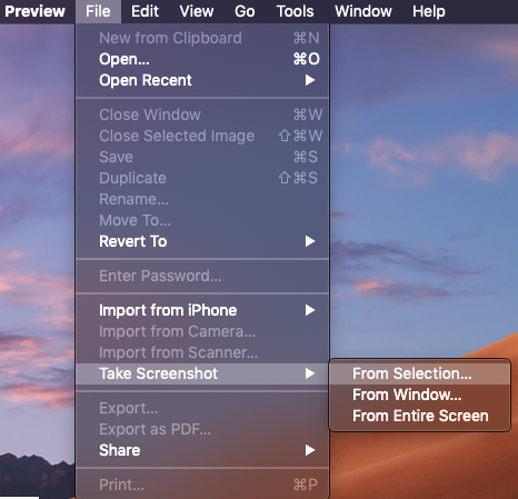preview dropdown menu with take a screenshot option highlighted preview dropdown menu with take a screenshot option highlighted