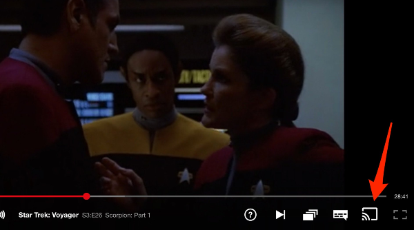 Streaming service screen with a Chromecast icon highlighted Streaming service screen with a Chromecast icon highlighted