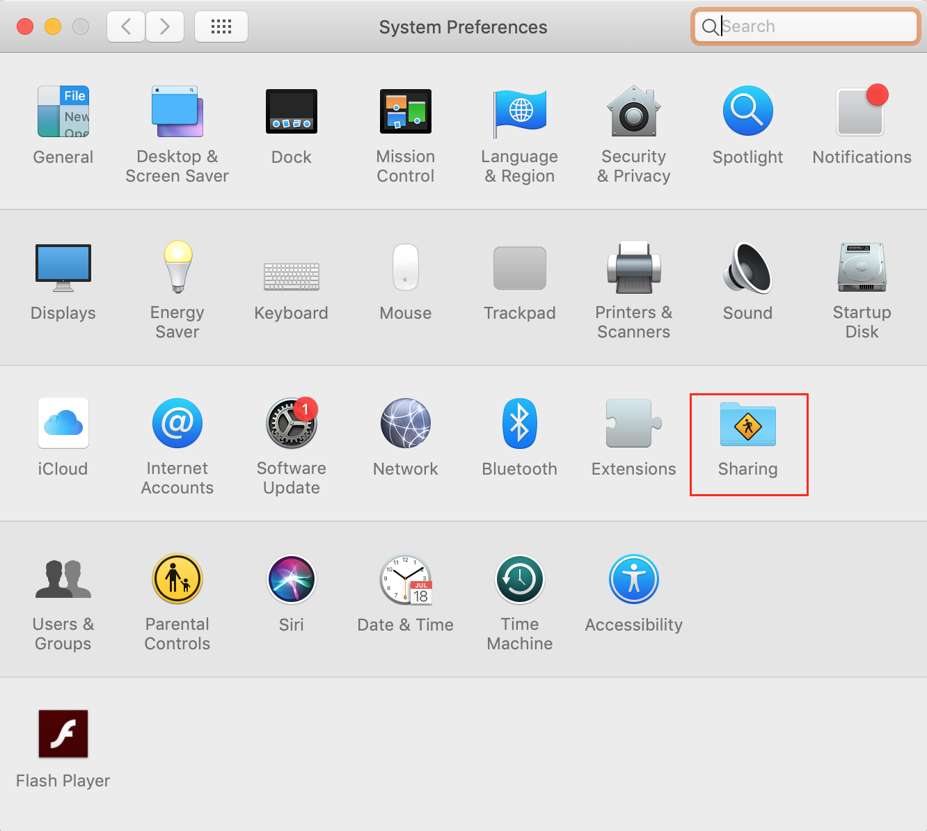 find the sharing option in third pane in system preferences find the sharing option in third pane in system preferences