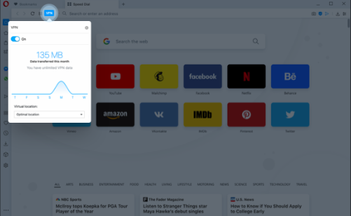 opera browser with vpn tool highlighted opera browser with vpn tool highlighted