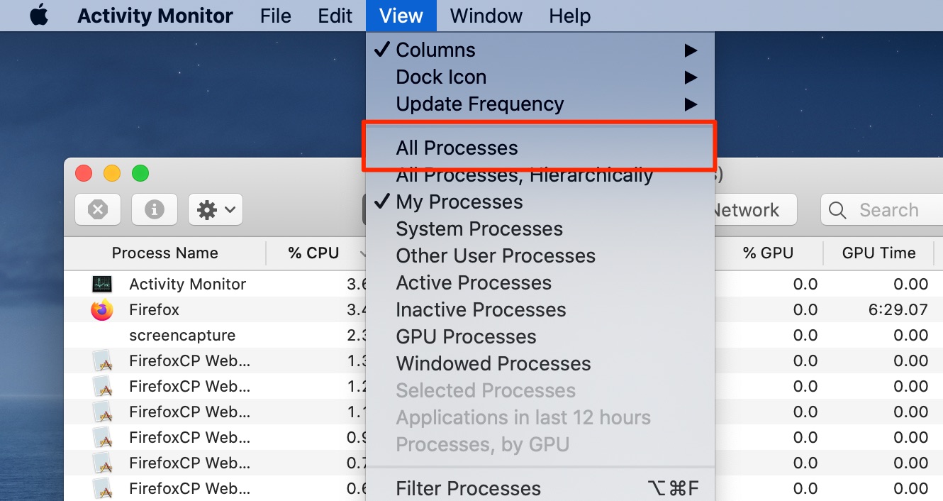 view menu with all processes highlighted view menu with all processes highlighted