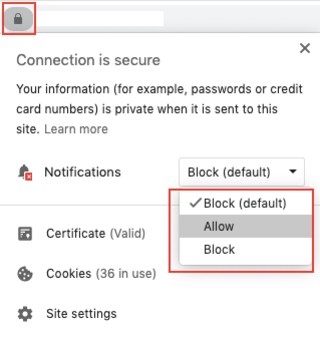chrome push notification website settings with allow option highlighted chrome push notification website settings with allow option highlighted