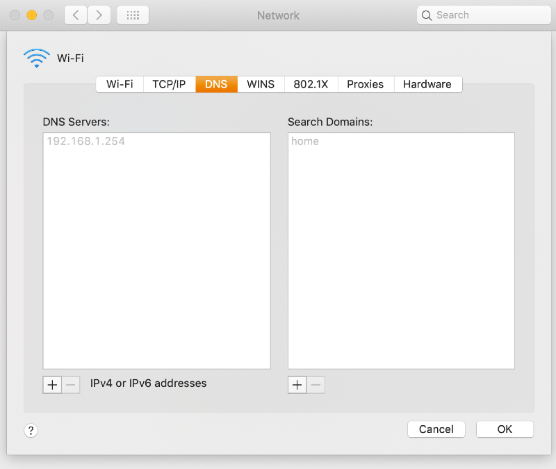 a system preferences window open in the advanced network DNS section with servers and domains available for addition a system preferences window open in the advanced network DNS section with servers and domains available for addition