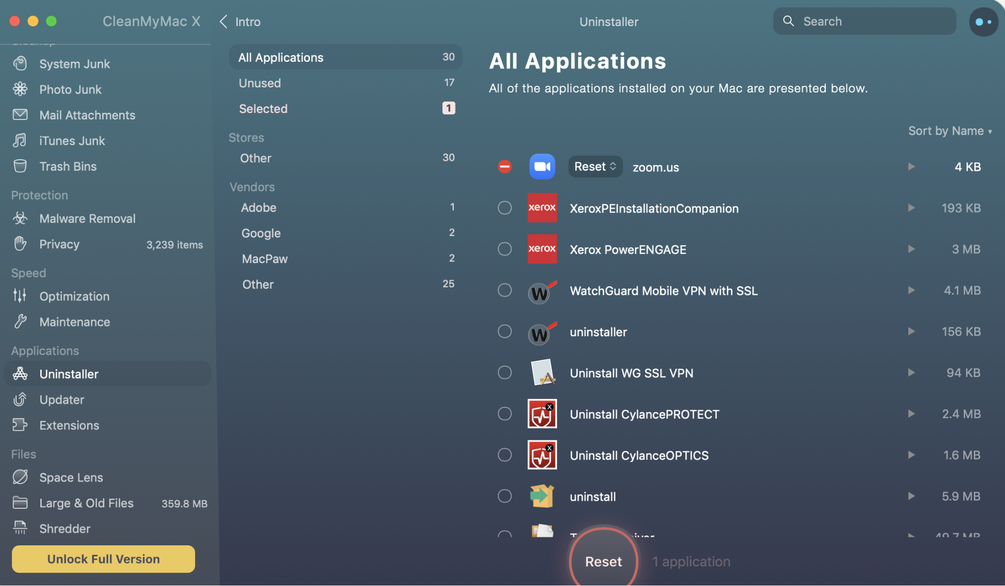 clean my mac all application with reset button highlighted clean my mac all application with reset button highlighted