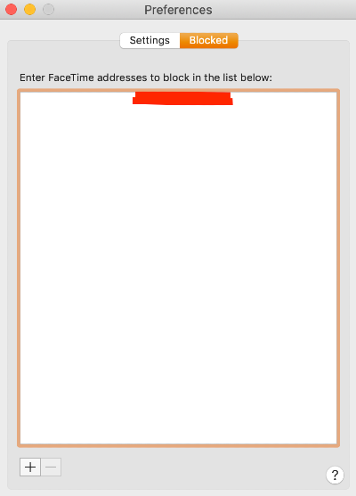 a facetime preferences window open in the blocked section with a number covered with red a facetime preferences window open in the blocked section with a number covered with red