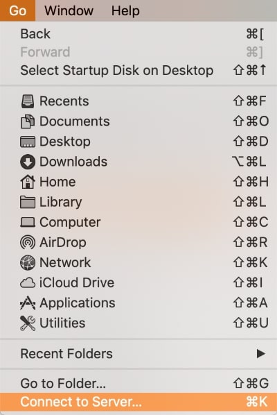 go menu connect to server option highlighted go menu connect to server option highlighted