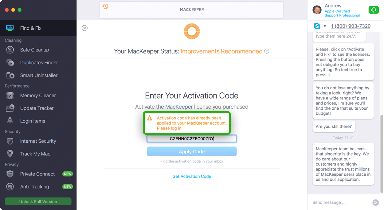 Activation code has already been applied MacKeeper Activation code has already been applied MacKeeper